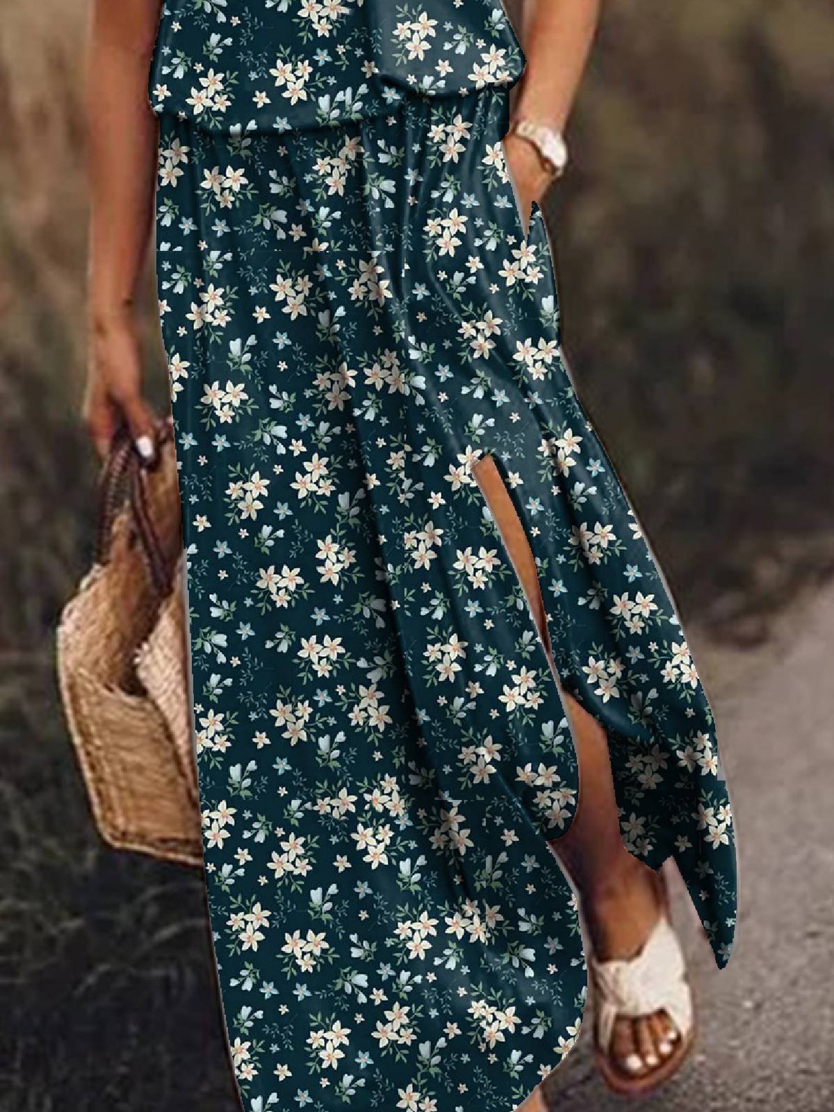 Blue Crew Neck Floral Casual Sleeveless Dresses