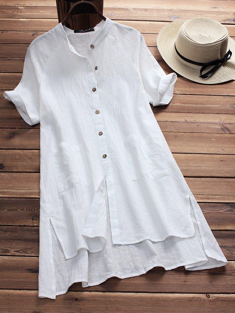 Casual Solid Buttoned Cotton Casual Dress