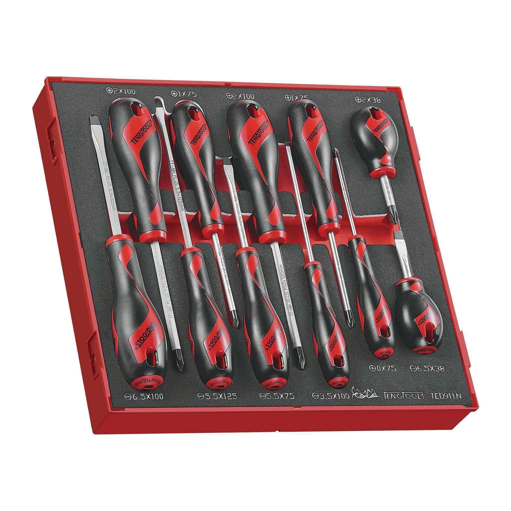 Teng Tools �C 11 Piece Mixed Screwdriver Set (Flat, PH, PZ,) in EVA Tray �C TEN-O-TED911N