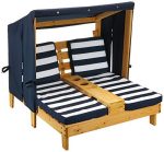 KidKraft Wooden Outdoor Double Chaise Lounge with Cup Holders, Kid��s Patio Furniture, Honey with Navy and White Striped Fabric, Gift for Ages 3-8