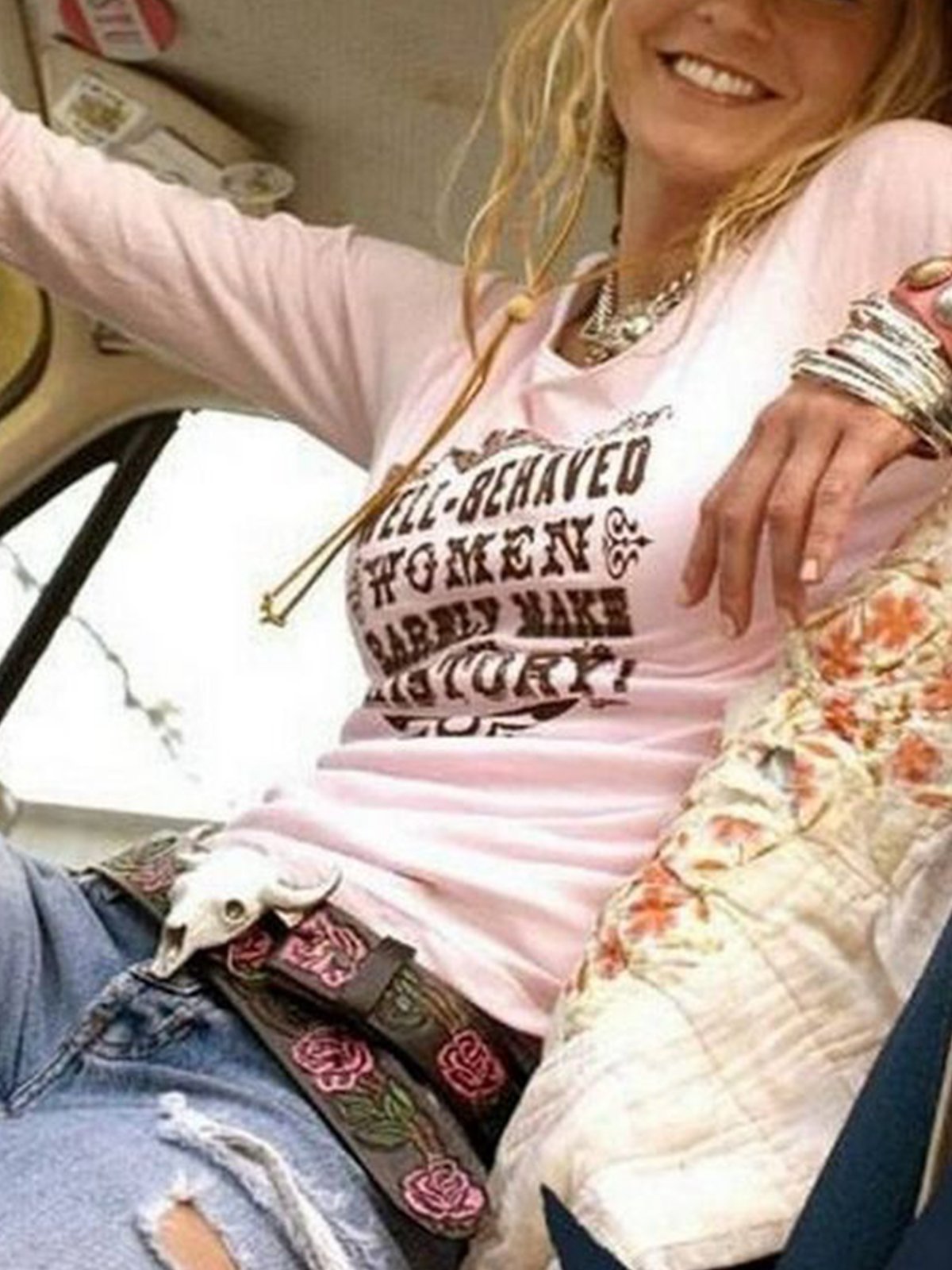 Pink Casual Printed Long Sleeve Shirts & Tops