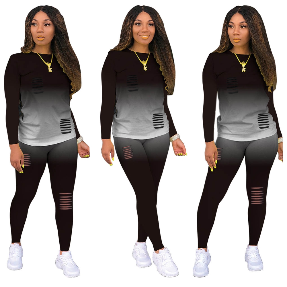 Gradient Two Piece Matching Ripped Pants Set