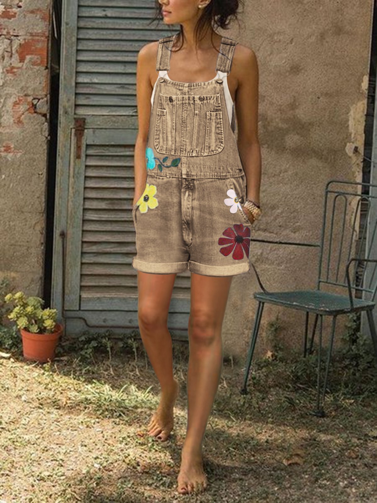 Sleeveless Denim Floral Floral-Print shorts One-Pieces