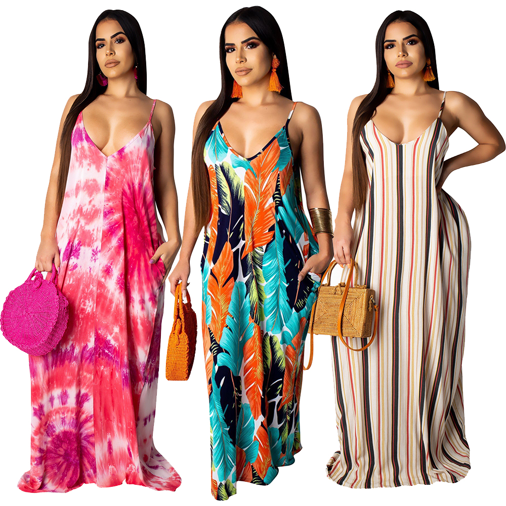 Colorful Print Strap Long Dress