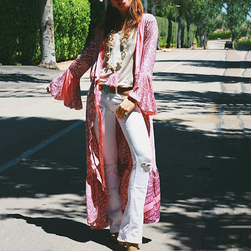 Casual Long Sleeve Printed Long Lace-Up Cardigan