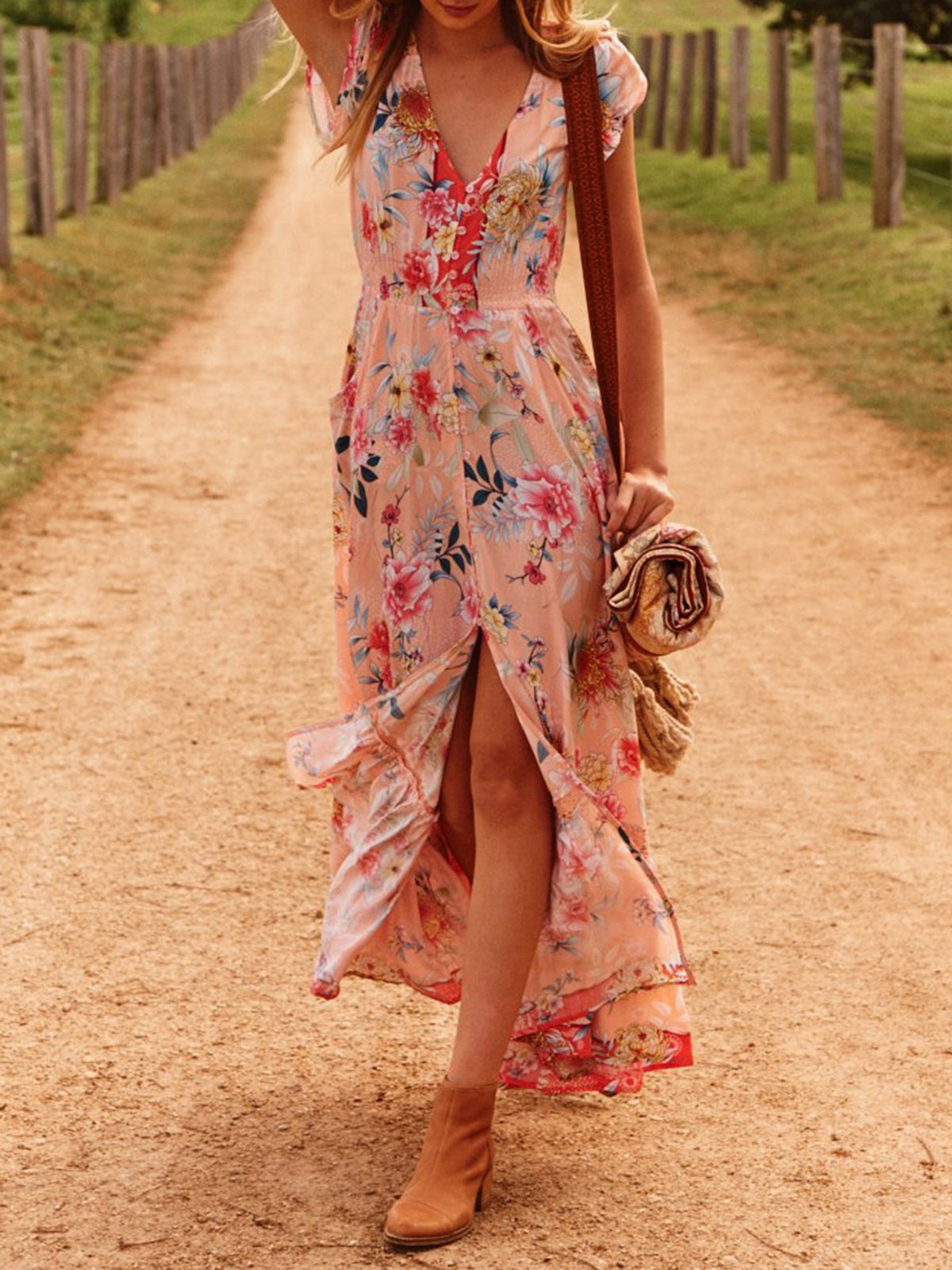 Women Floral Dress V-Neck Holiday Dresses