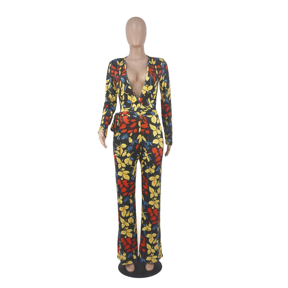 Floral Print Deep-V Jumpsuit with Sleeves