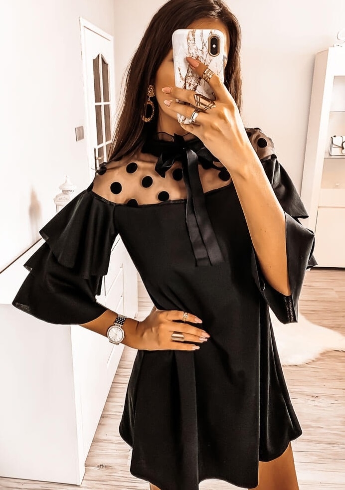 Mesh Upper A-Line Dress with Layer Sleeves