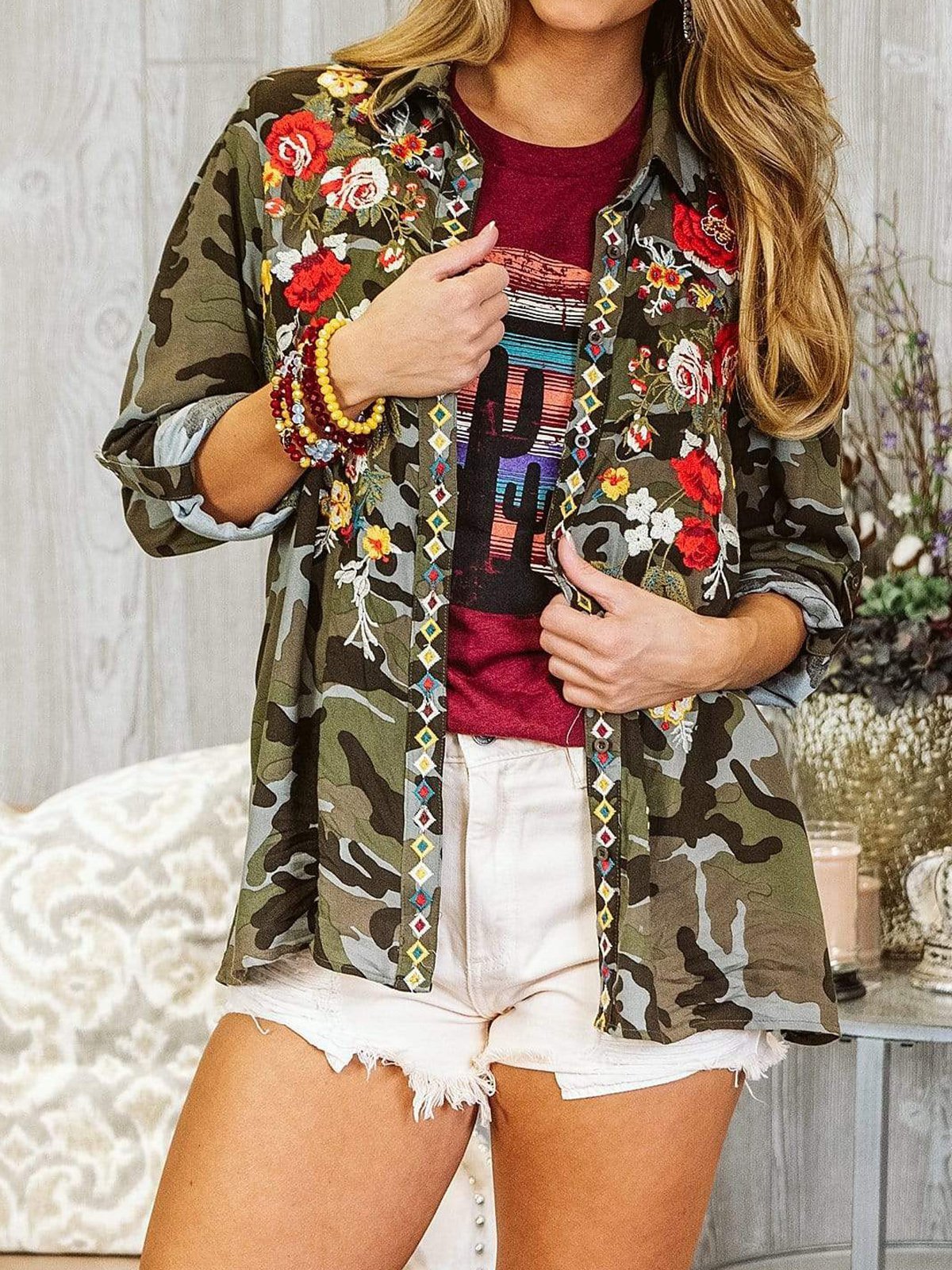 Long Sleeve Floral-Print Leopard Shirts & Tops