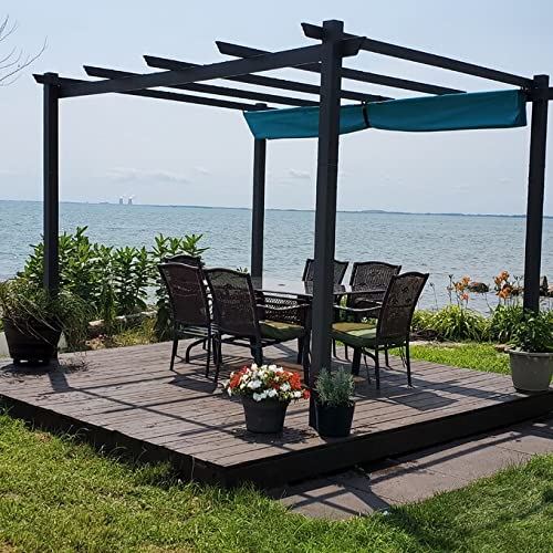PURPLE LEAF 10�� X 12�� Outdoor Retractable Pergola with Sun Shade Canopy Patio Metal Shelter for Garden Porch Beach Pavilion Grill Gazebo Modern Yard Grape Trellis Pergola, Turquoise Blue