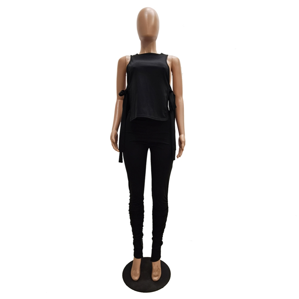 Sexy Black Knotted Shirt and Stacked Pants Set