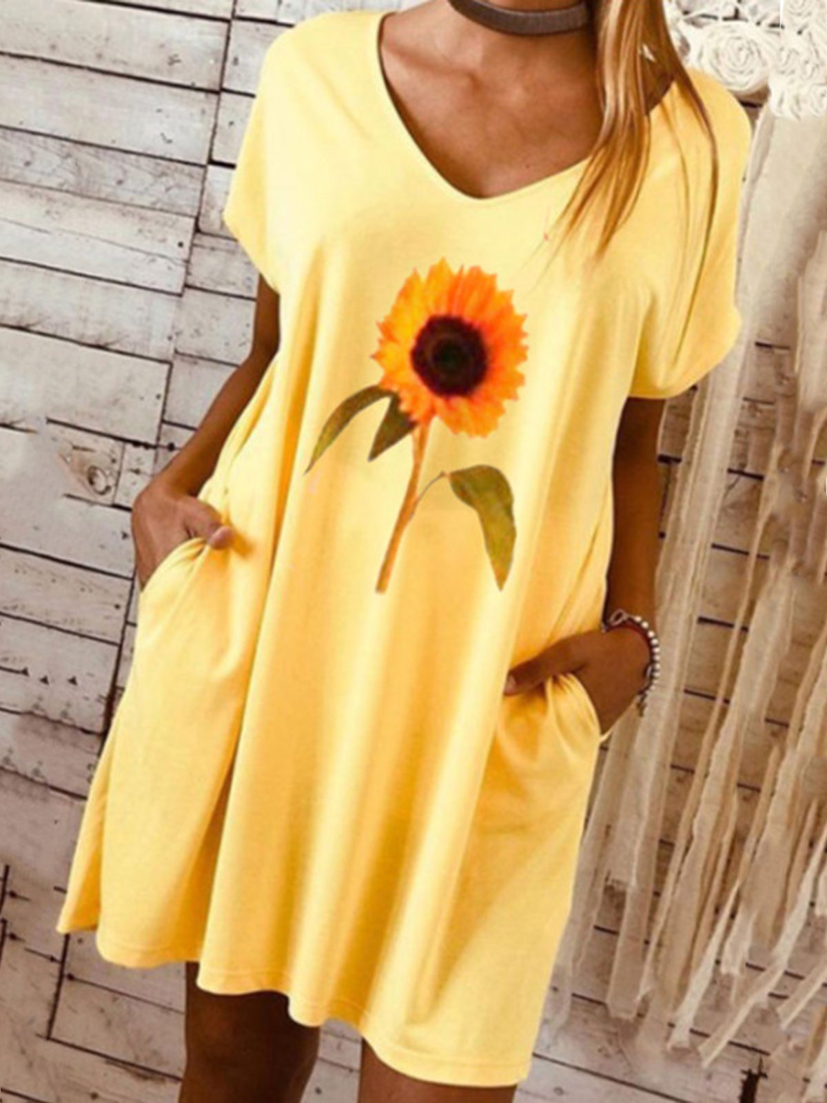 Yellow Floral Date Daily Casual V neck A-Line Short Sleeve Dresses