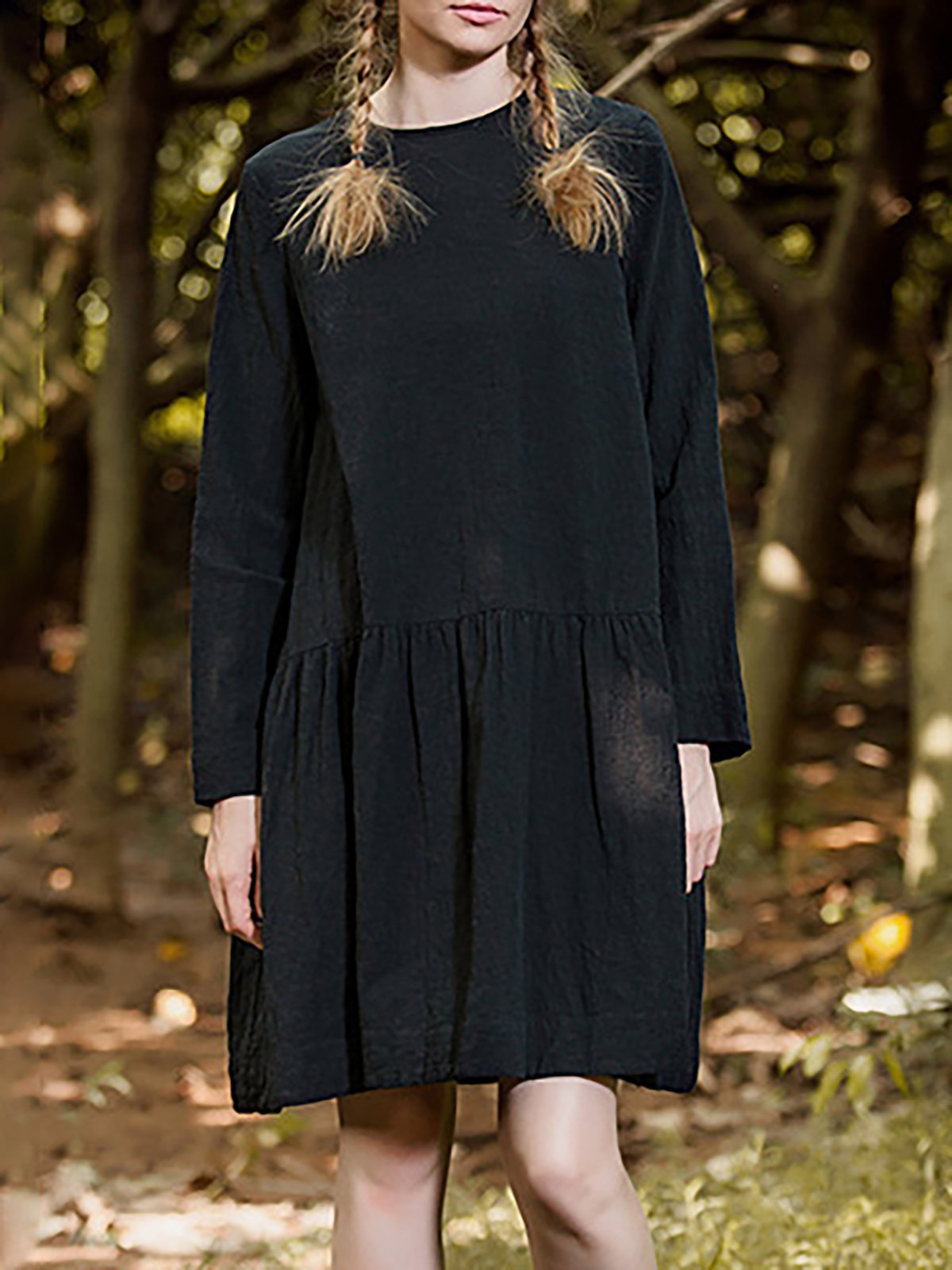 Round Neck Women Cotton Plain Basic Casual Dress