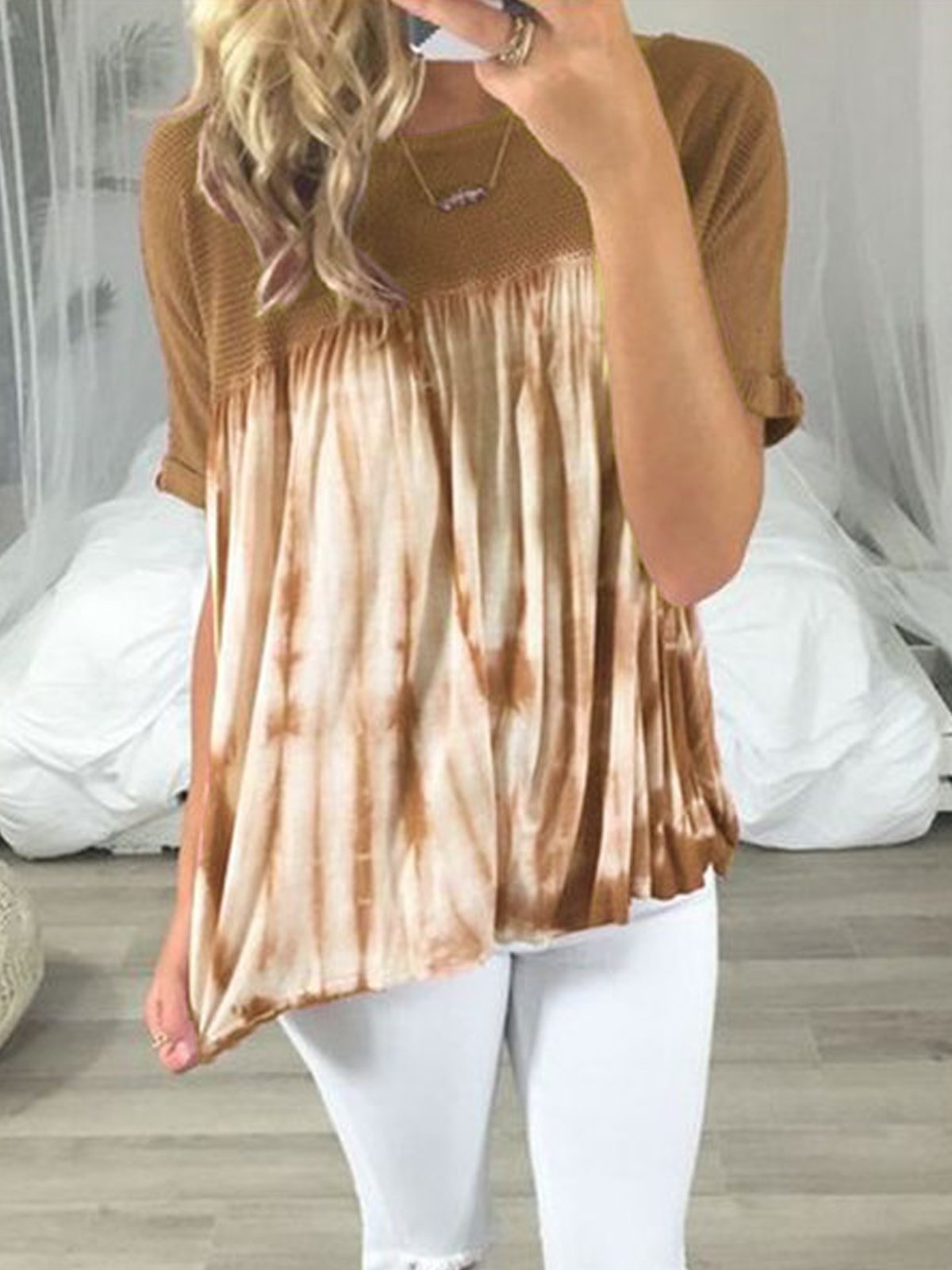 Red Patchwork Round Neck Cotton-Blend Short Sleeve Shirts & Tops