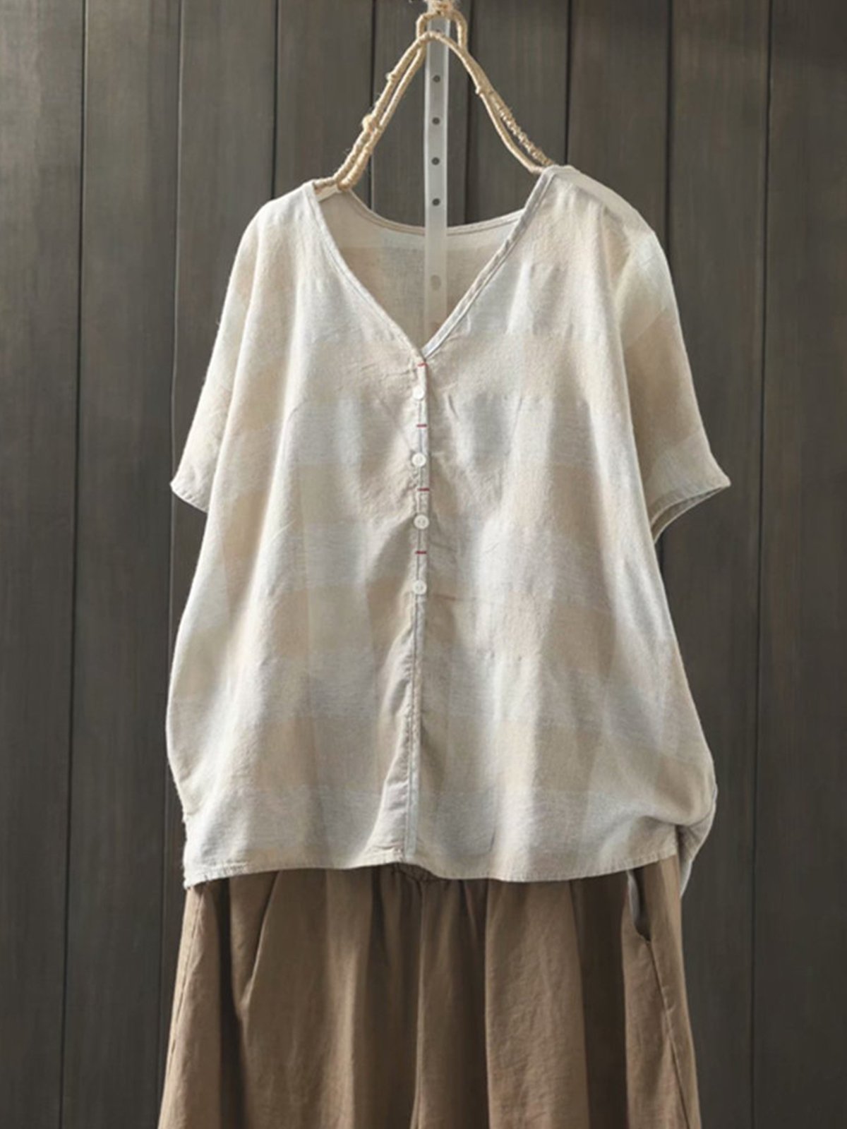 Plaid Print Button Short Sleeve Blouse For Women