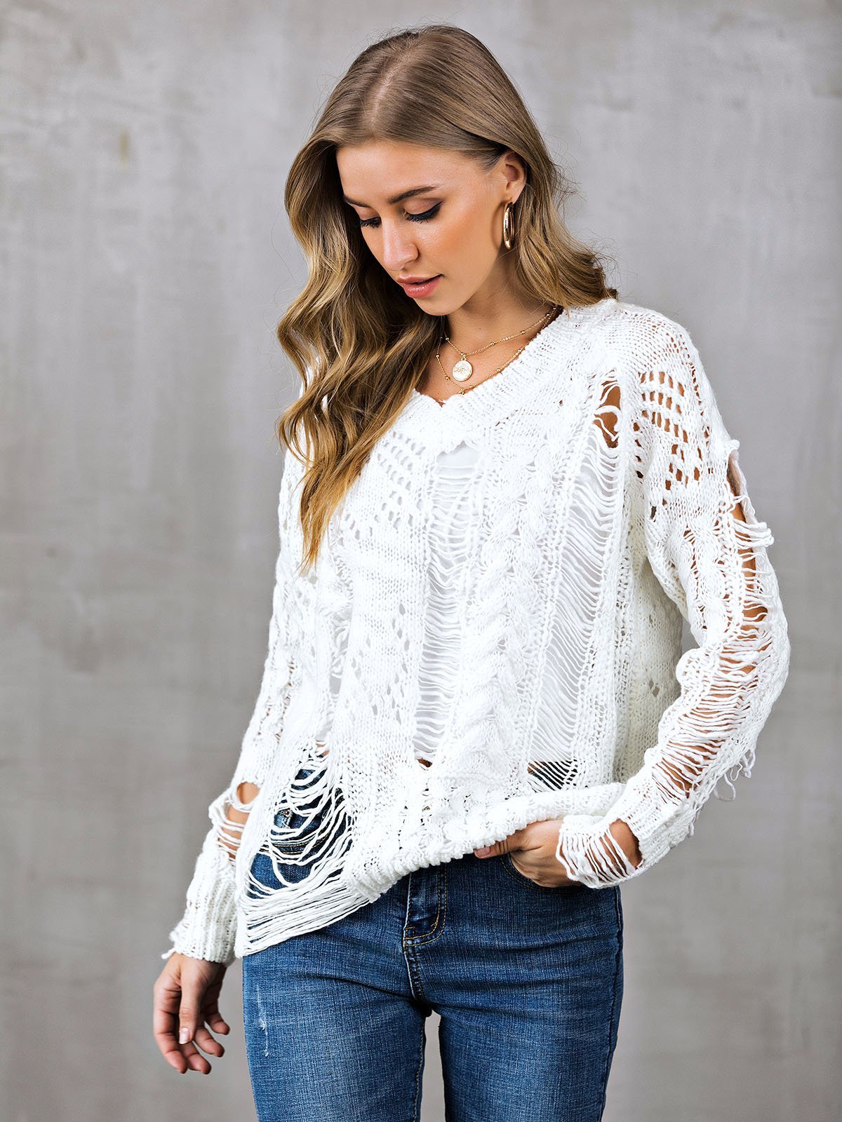 V Neck Casual Long Sleeve Ripped Sweaters