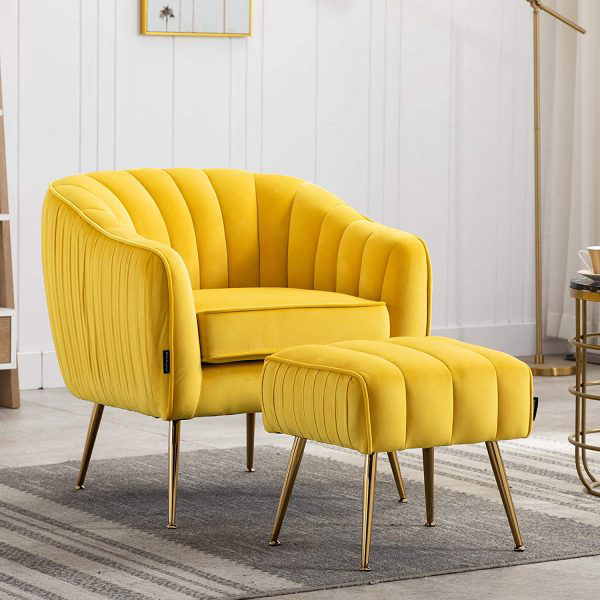 Velvet Modern Tub Barrel Armchair with Soft Tufted Gold Metal Legs Upholstered Club Chair with Ottoman Footrest for Living Room, Reading Room and Bedroom