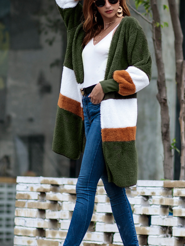 Women Sweater Long Striped Long Sleeve Cardigan Plush Coat