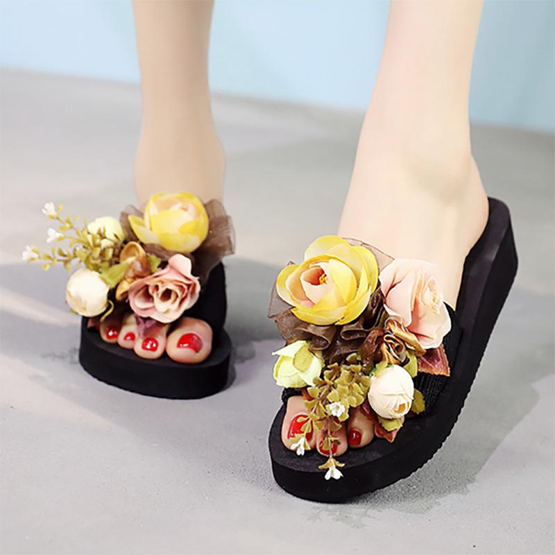 Holiday Flower Wedge Heel Slippers
