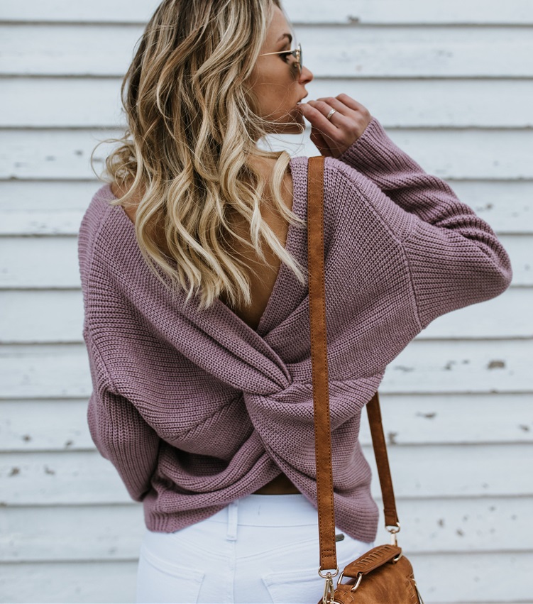 Autumn Sexy Cross Back Pullover Sweater with Bat Sleeves