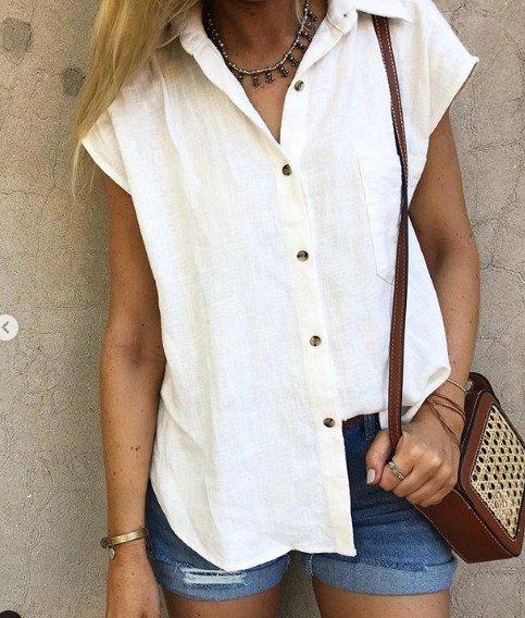 Casual Plain Shirt Collar Cotton-Blend Blouses&shirts