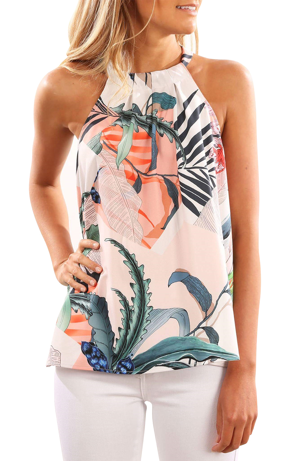 Sky Blue Sleeveless Flower Printed Tank Top