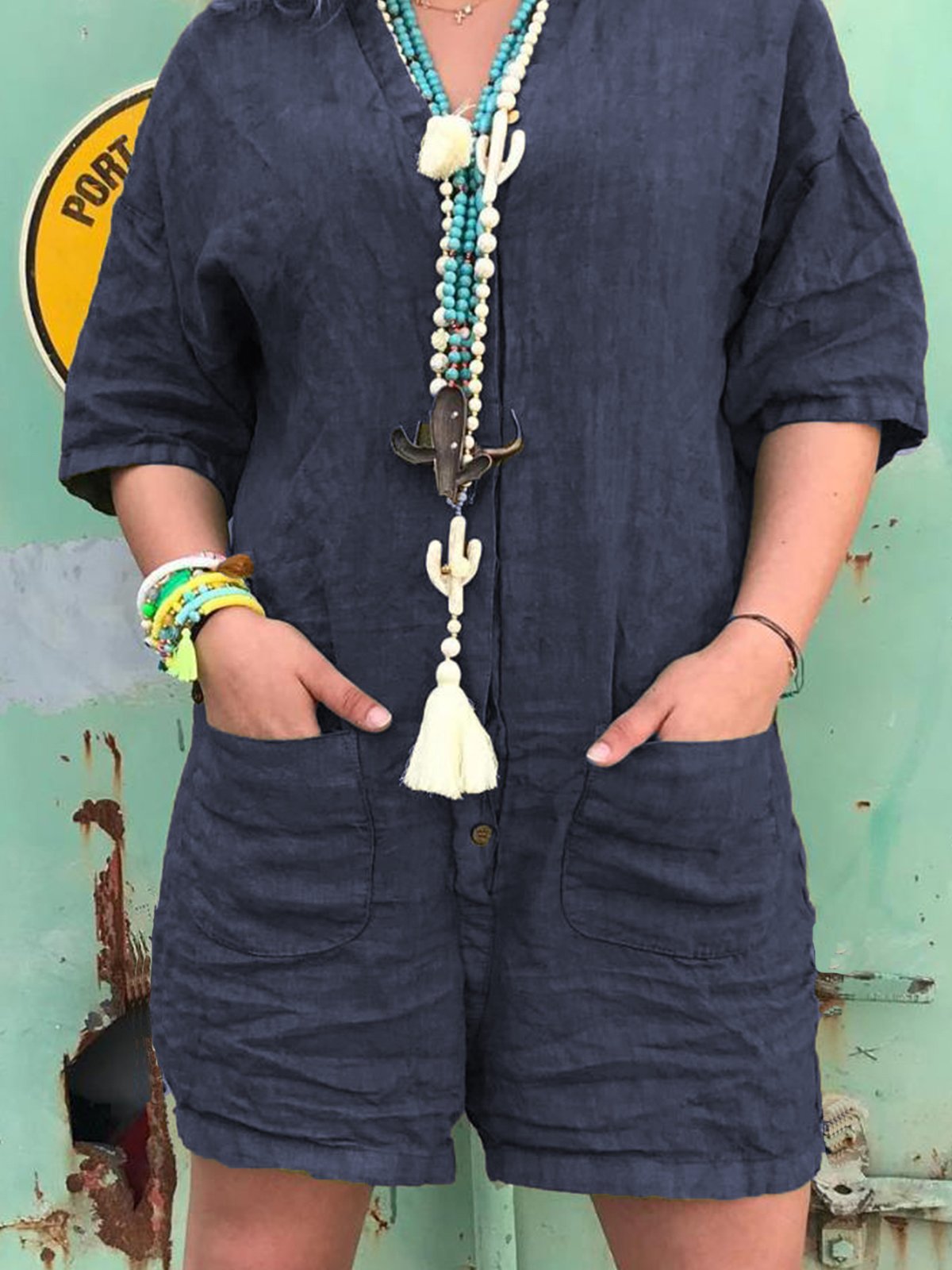 Plus Size Casual Solid V Neck Half Sleeve Pockets Jumpsuits