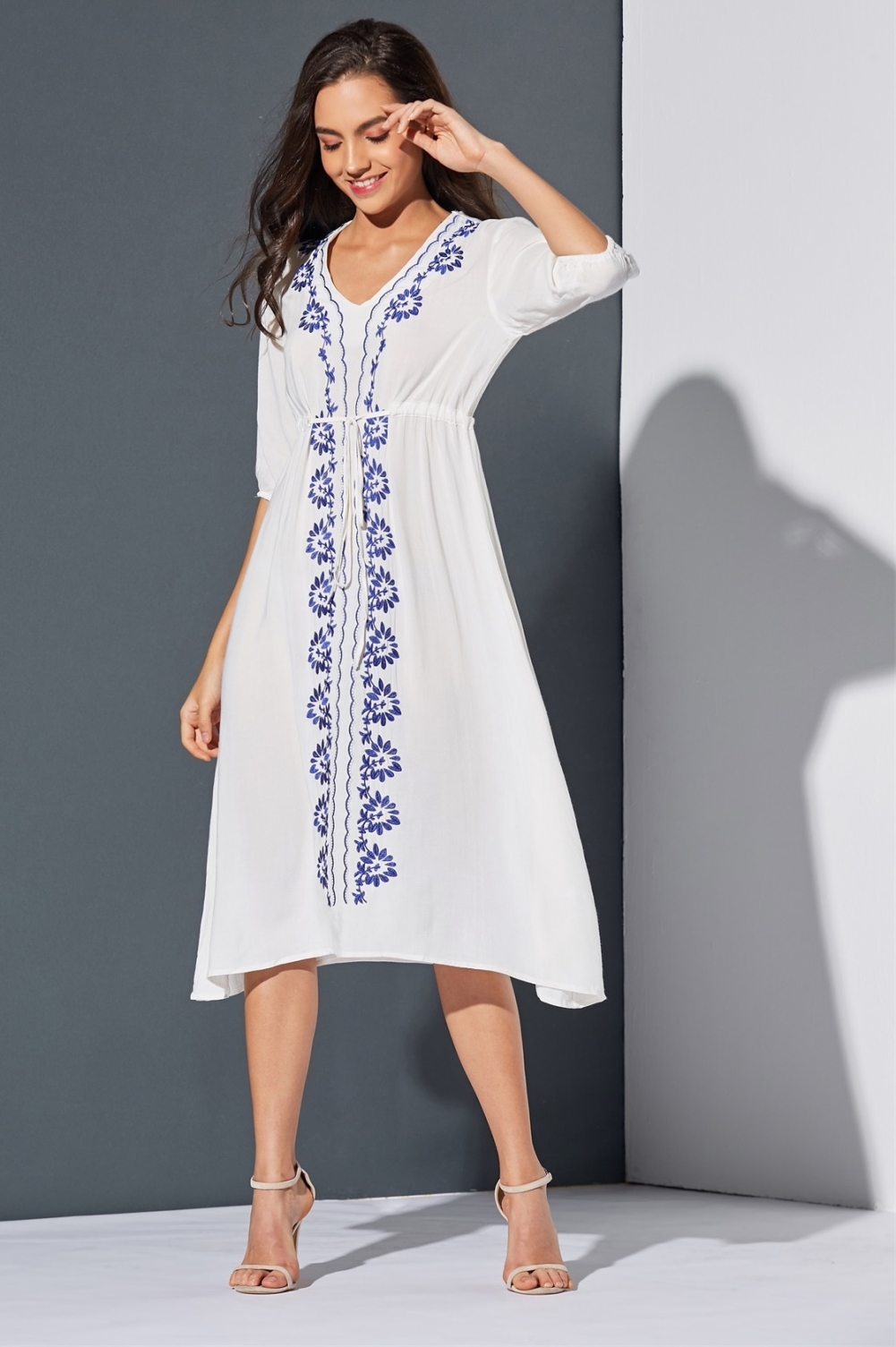 Summer White and Blue Flower Long Dress