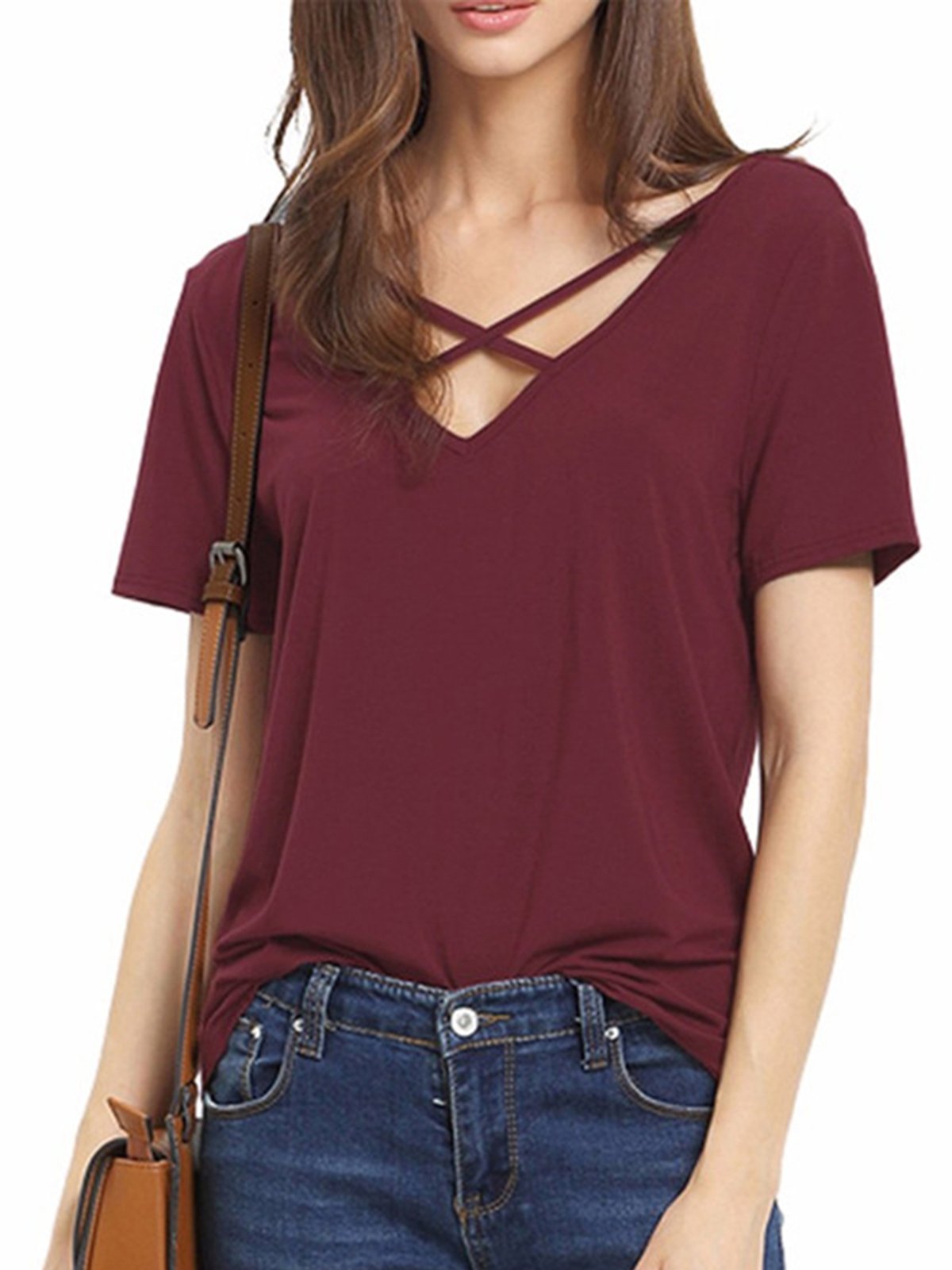 Burgundy V Neck Casual T-Shirt