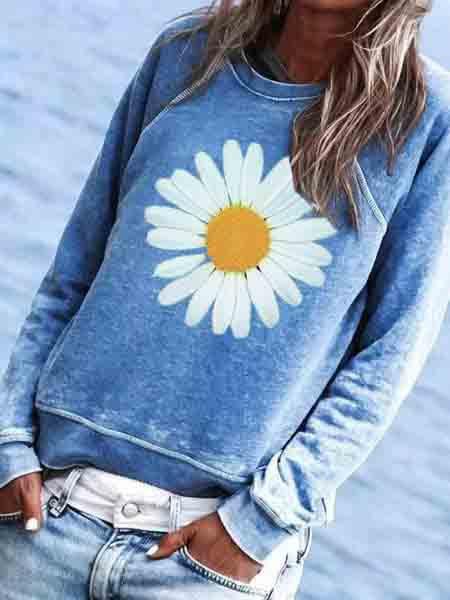 Blue Cotton-Blend Crew Neck Floral Casual Shirts & Tops