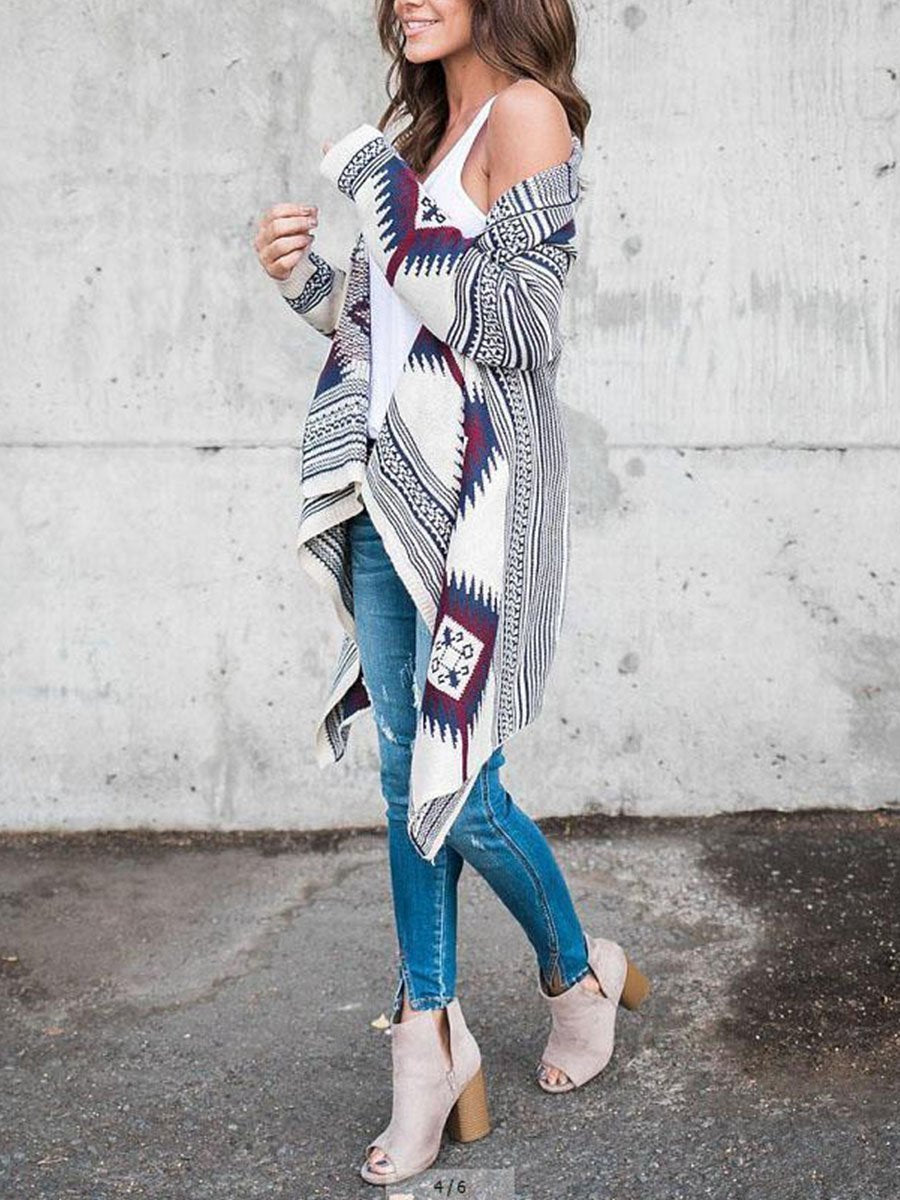Collarless  Tribal Printed  Long Sleeve Cardigans