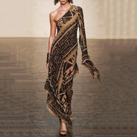 One-Shoulder Fashion Elegant Floral Printed Evening Dress