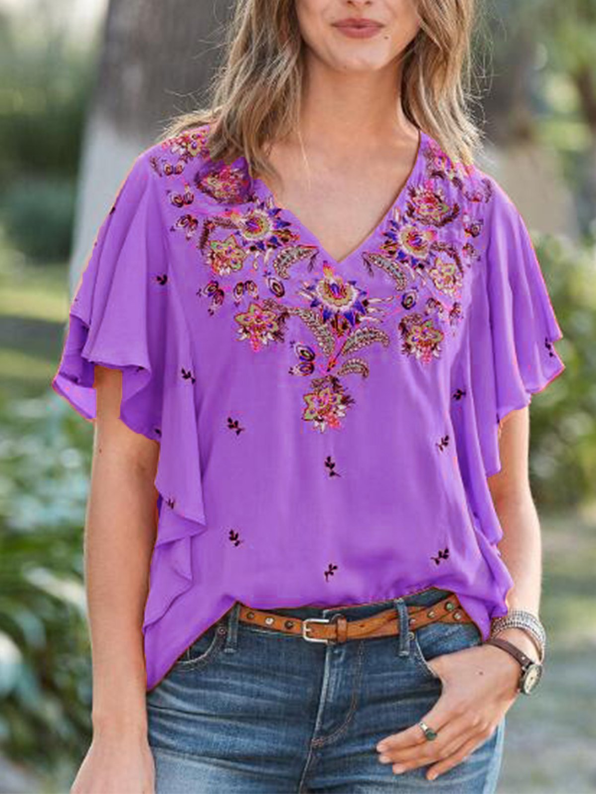 Ruffled Casual V Neck Shirts & Tops