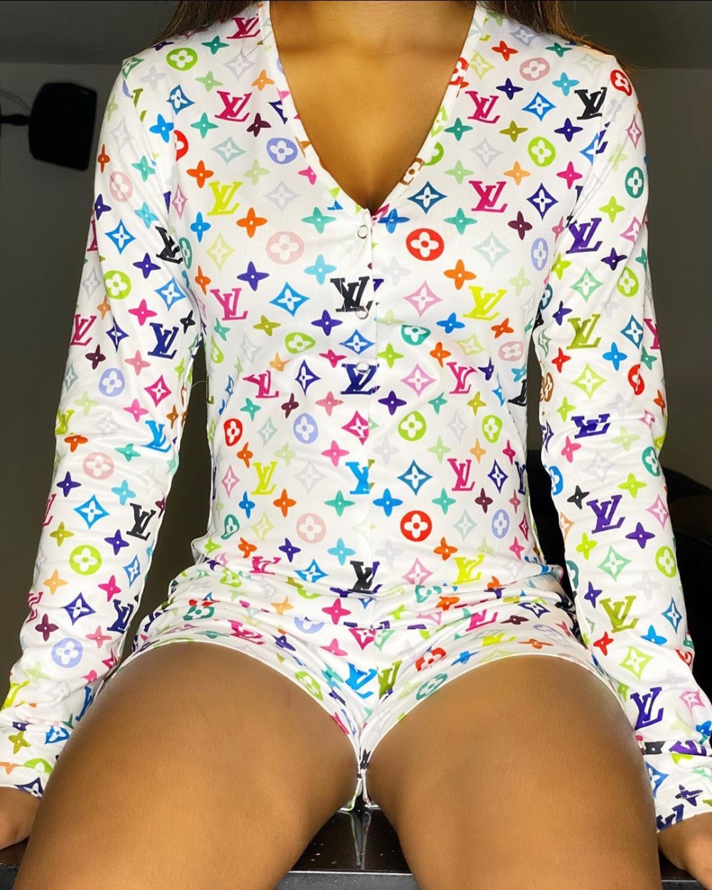 Casual Long Sleeve Snack Print Pajama Rompers