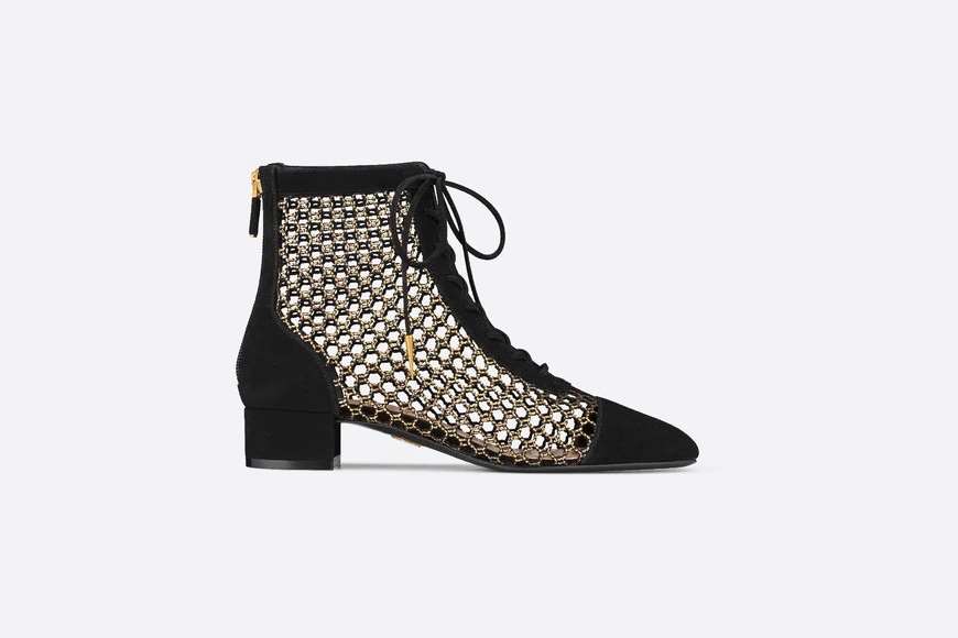 Naughtily-D Ankle Boot Metallic Gold-Tone Fishnet and Black Suede Calfskin