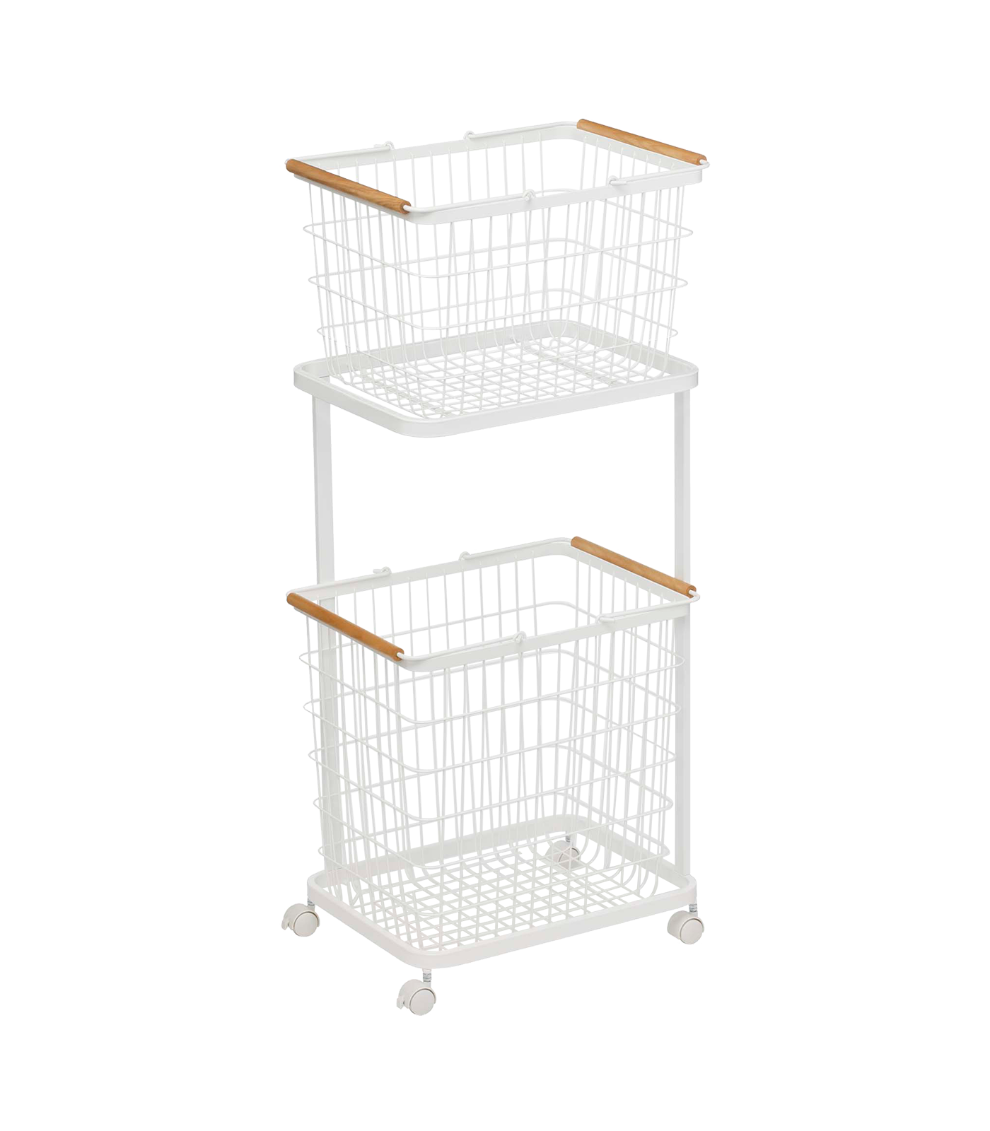 Rolling Laundry Cart + Wire Baskets �C Steel + Wood