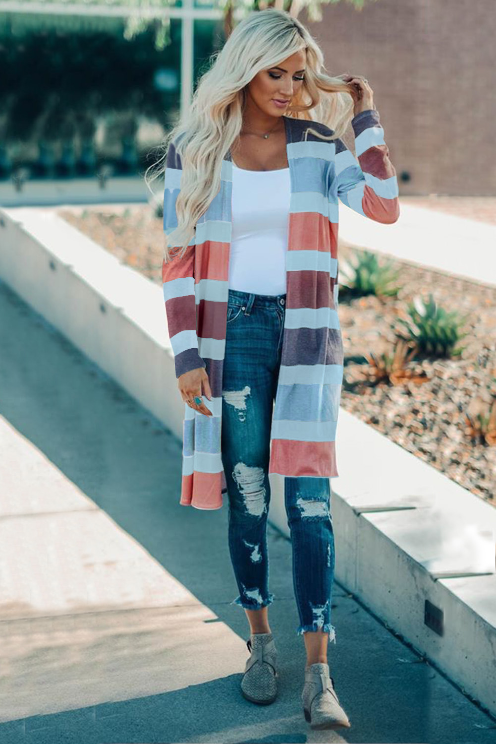 休闲多色条纹宽松长袖开襟衫