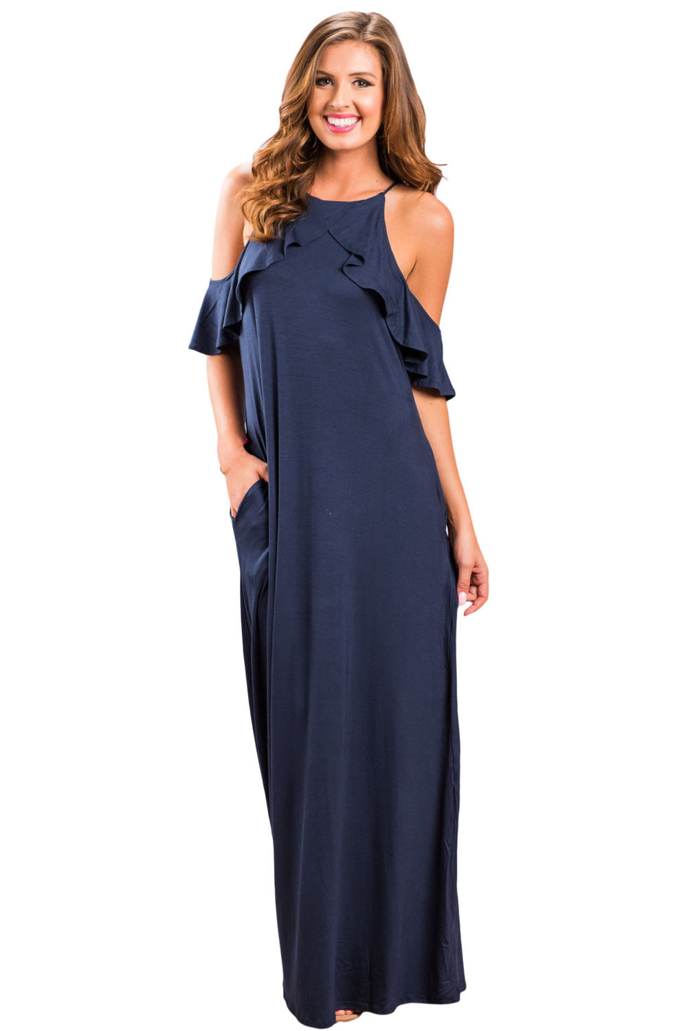 Navy Blue Ruffle Sleeve Cold Shoulder Maxi Dress