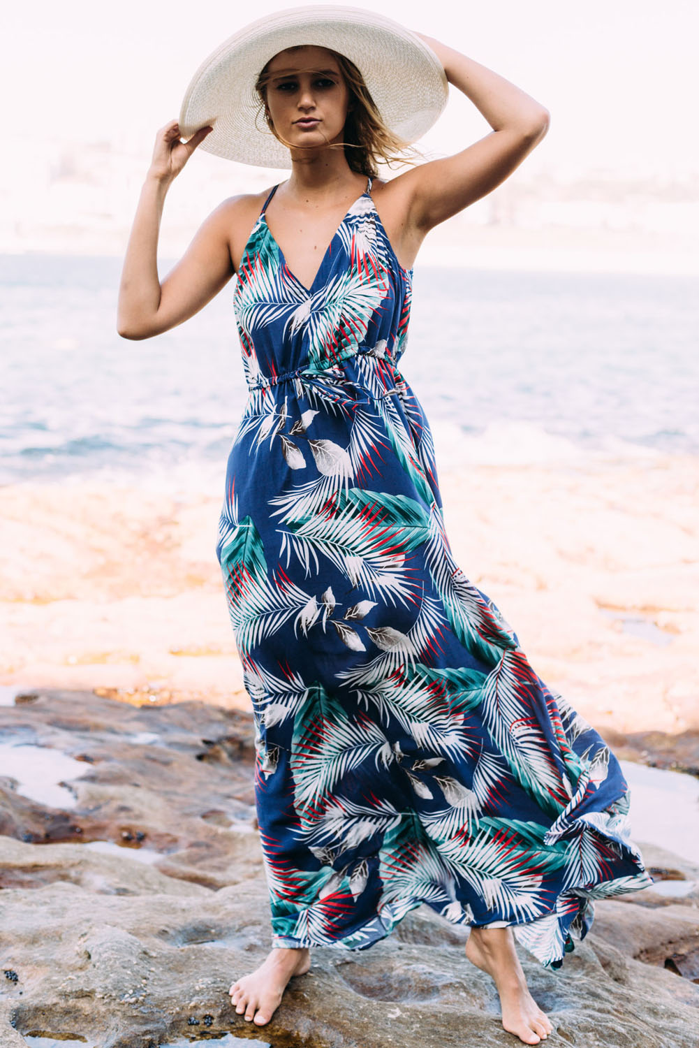 Blue Tropical Leaf Print Sexy V Neck Maxi Dress