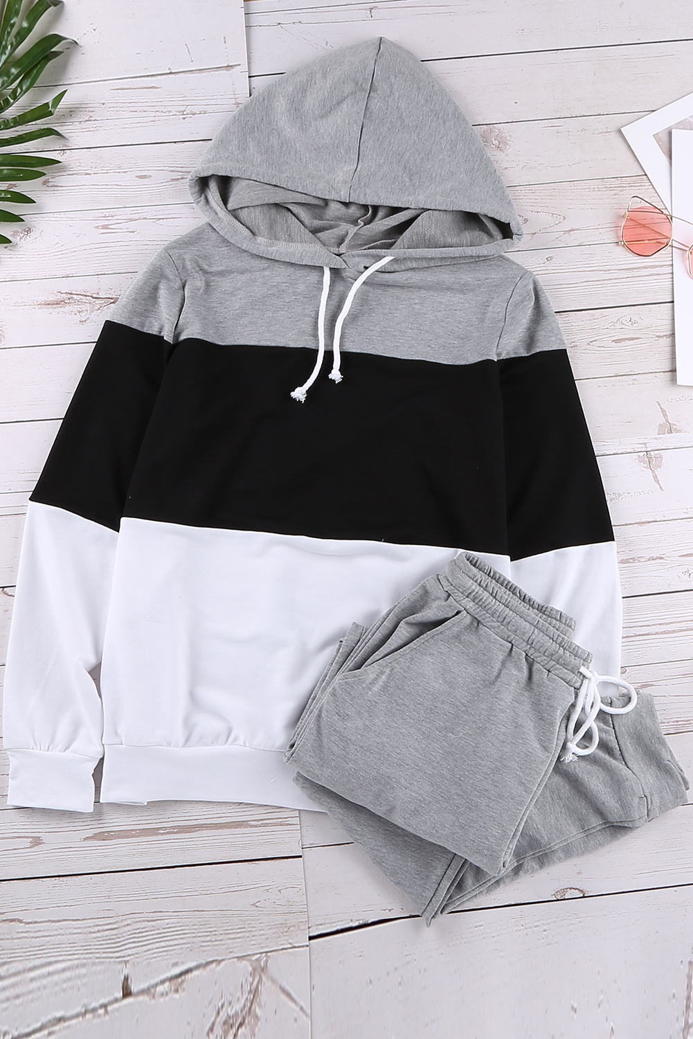 黑色拼色连帽抽绳上衣裤子运动休闲套装