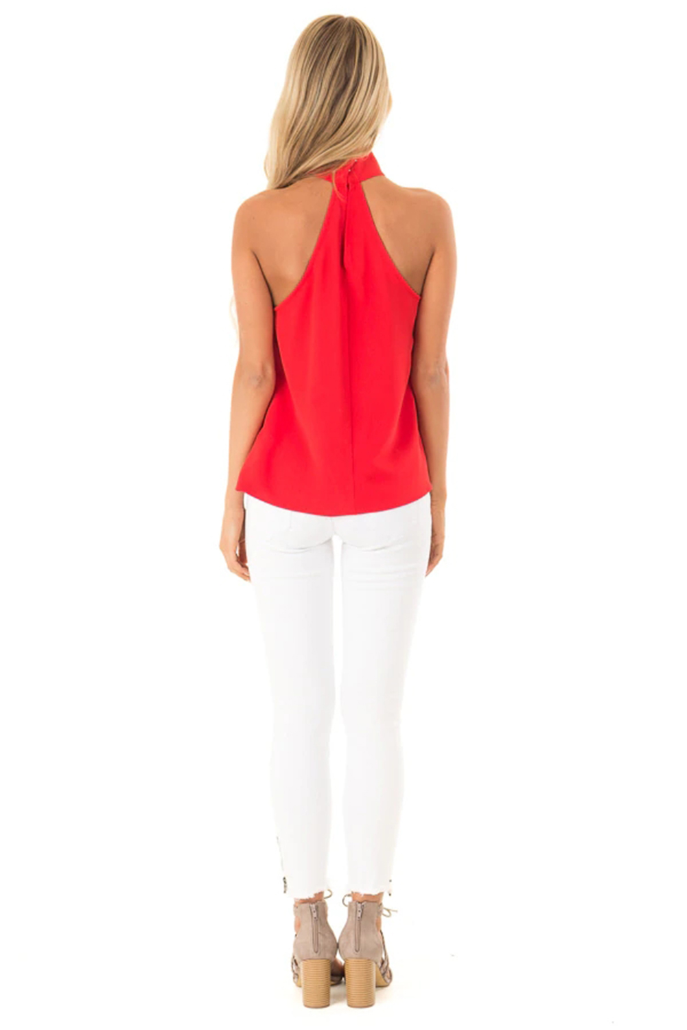Red Sleeveless Halter Top with Keyhole Back