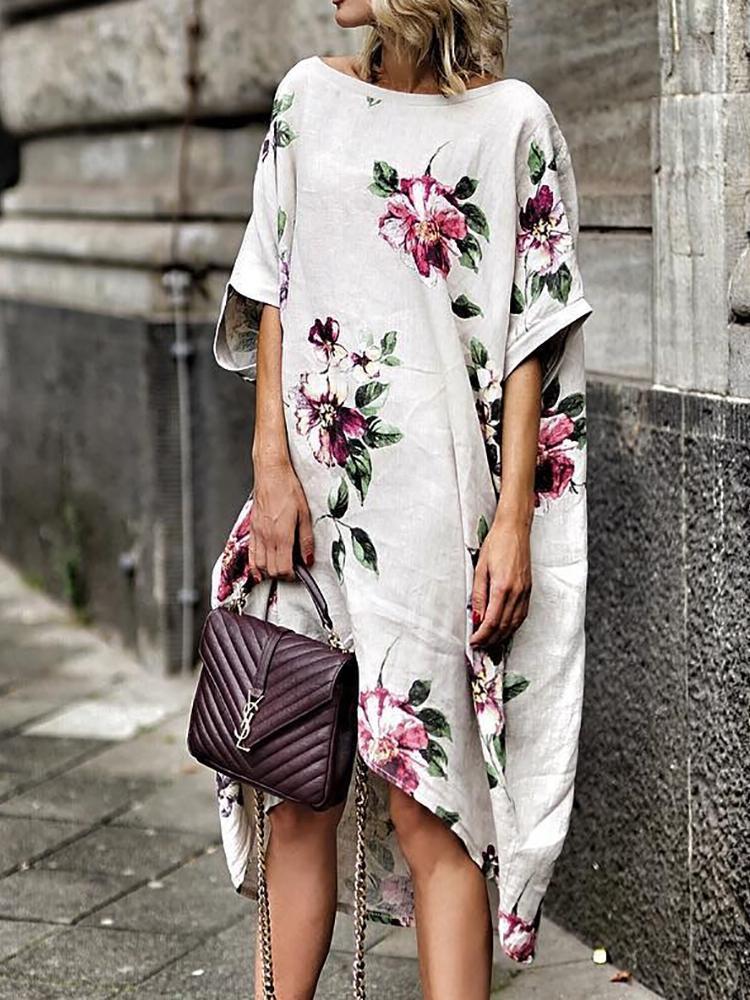 Cotton Boho Floral Print Boat Neck Irregular Casual Dress