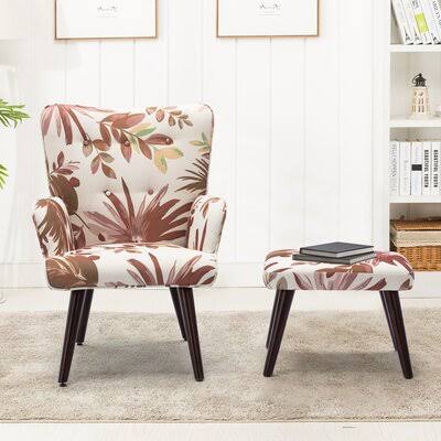 Lounge Chair and Ottoman,Green in , Blue Linen George Oliver Fabric: Red