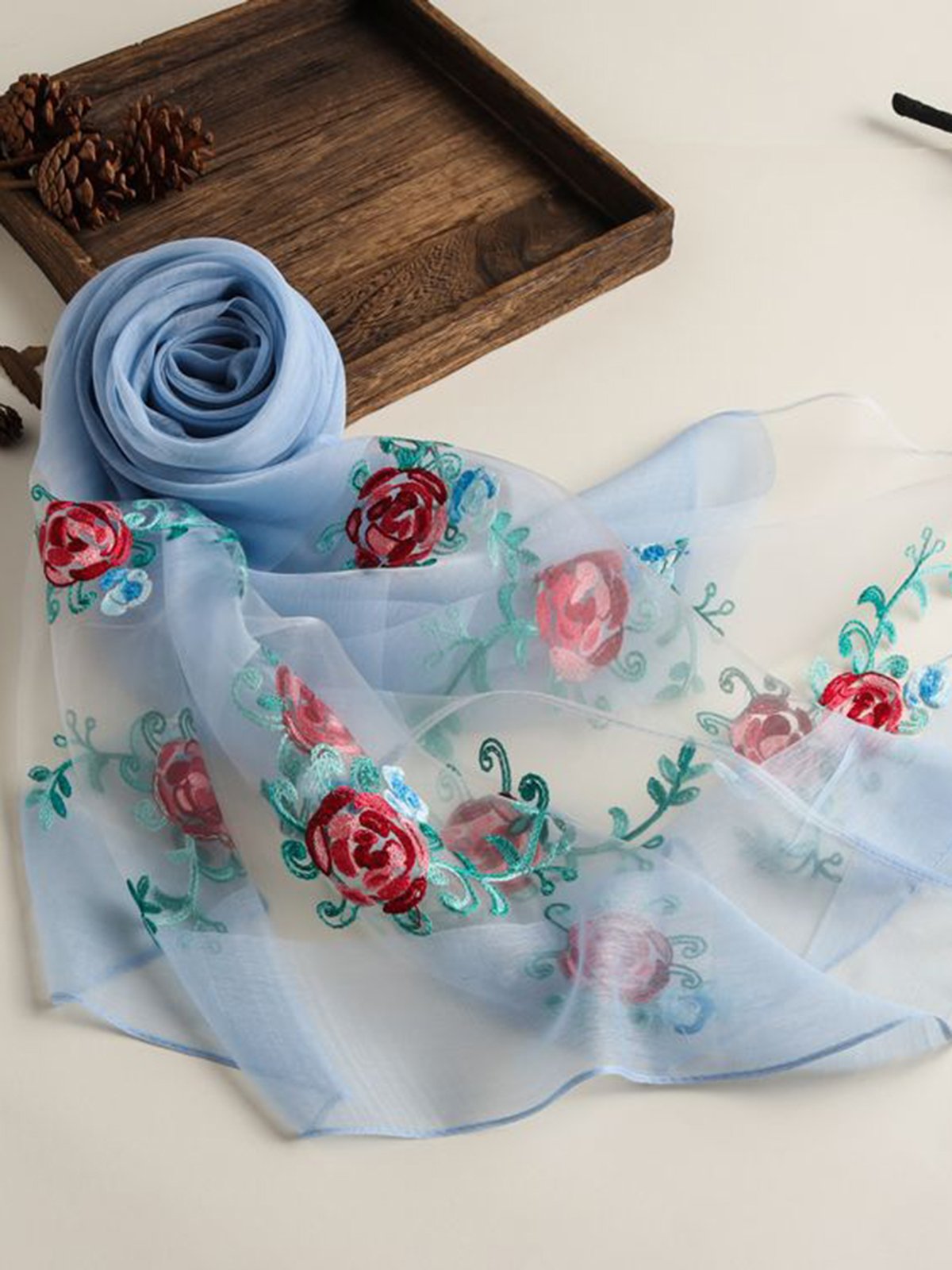 Summer Floral-Embroidered Silk-Blend Long Women Scarf