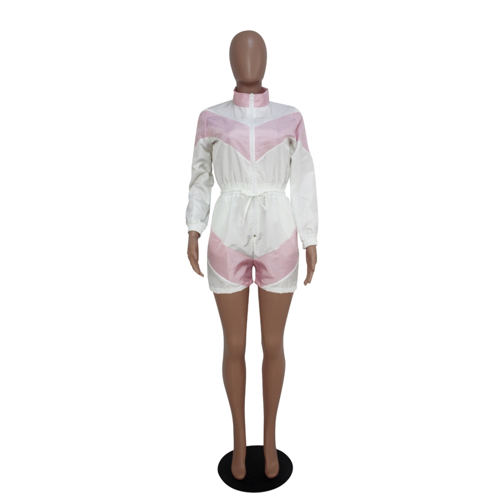 Contrast Long Sleeve Casual Zipper Rompers