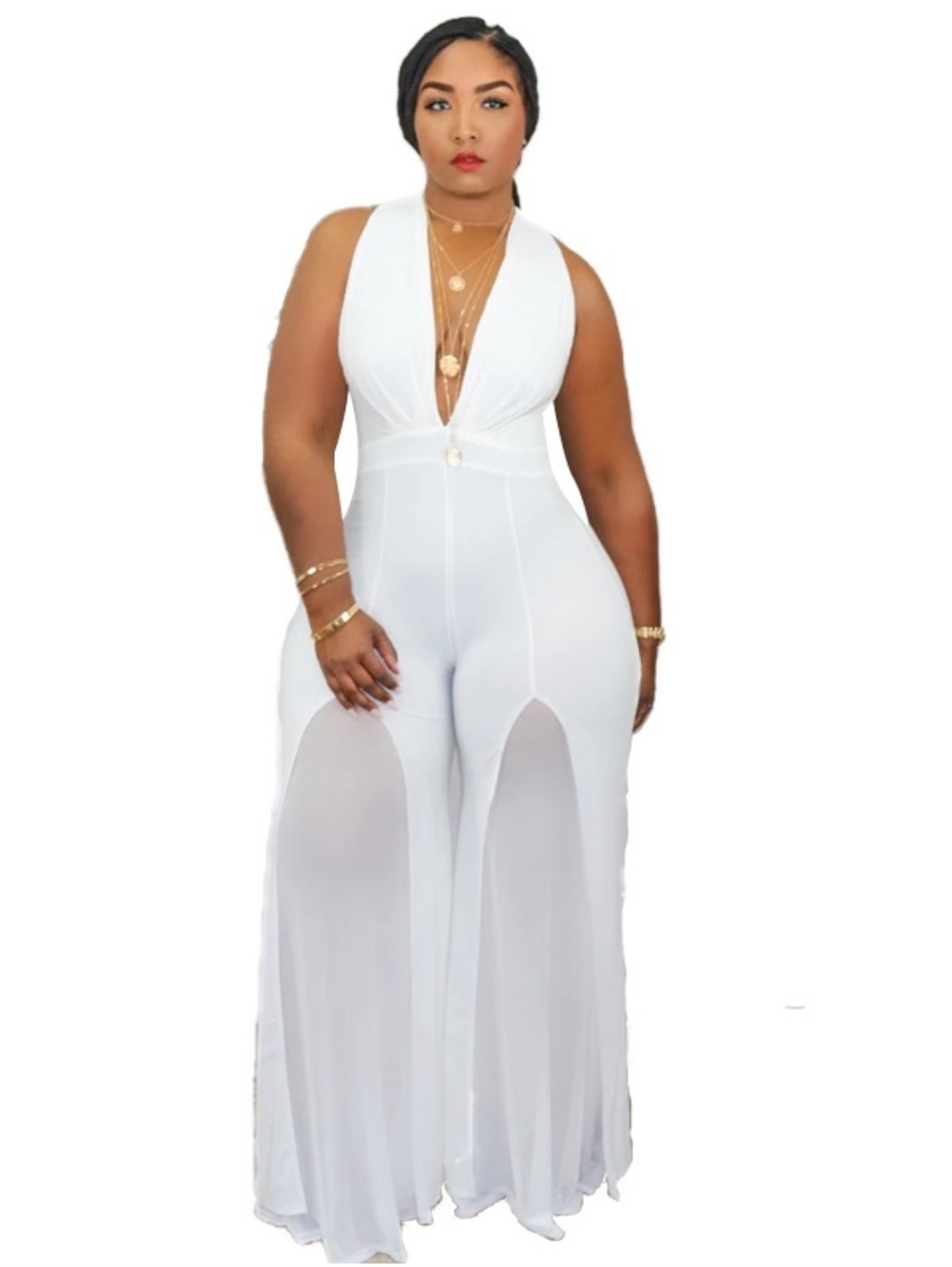Sexy Plain Deep-V Wide Bottom Jumpsuit