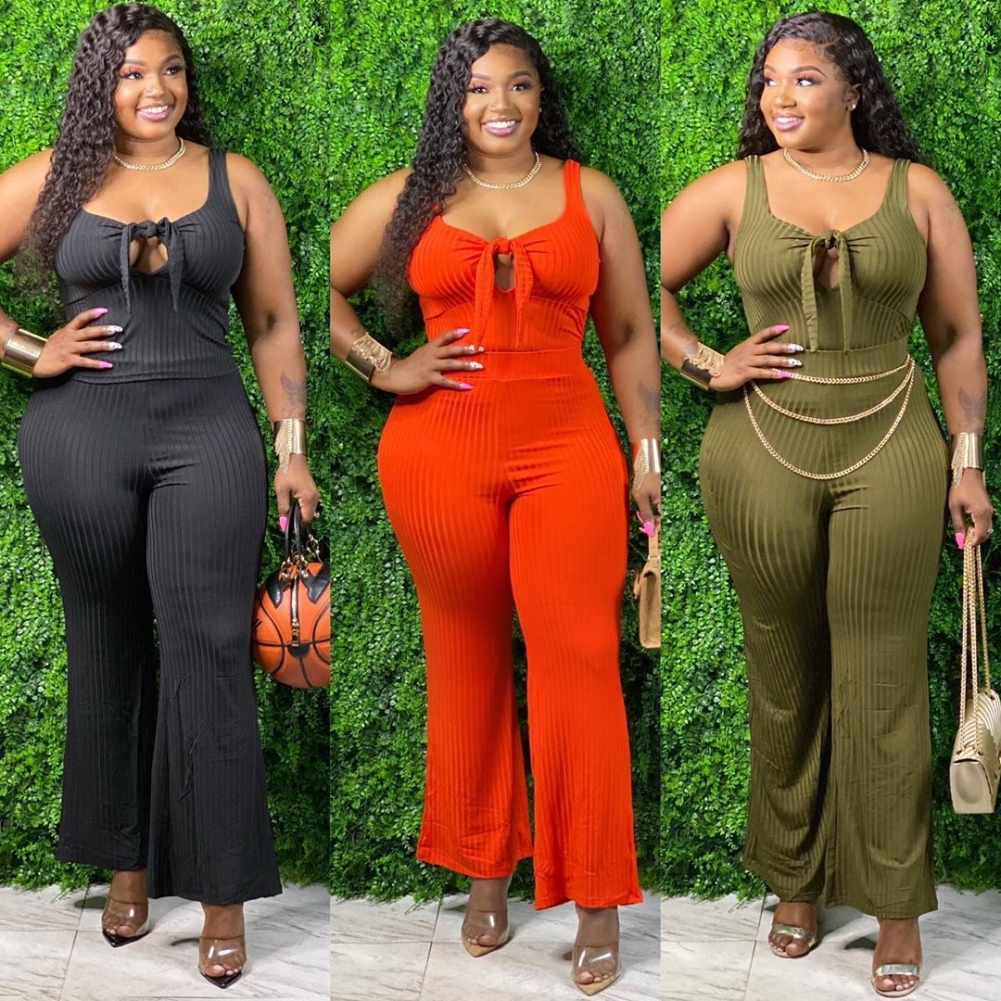 Plus Size Plain Knot Tanks and Pants Set