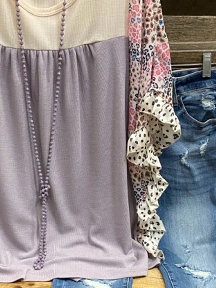 Gray Frill Sleeve Crew Neck Cotton-Blend Shirt & Top