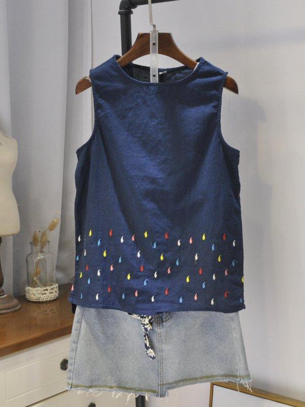 Casual Round Neck Sleeveless Embroidery Tops
