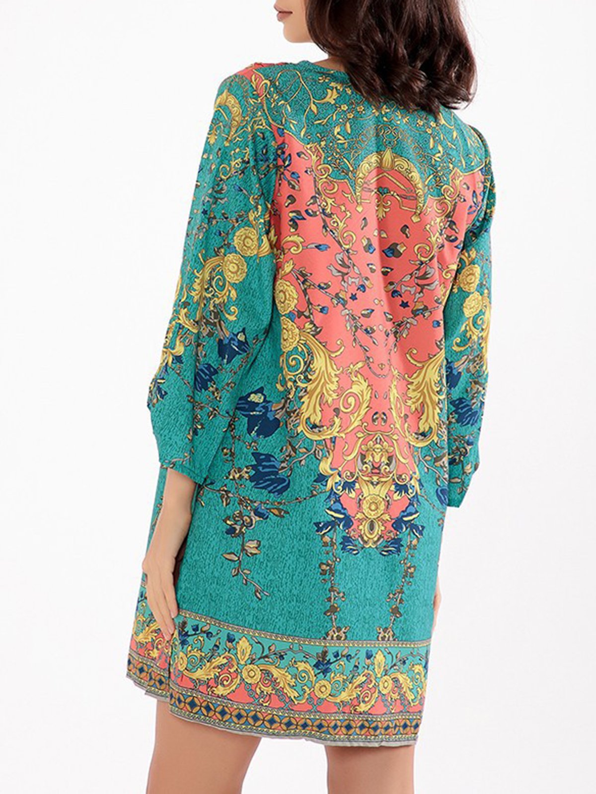Tribal Boho 3/4 Sleeve Printed Tie-neck Dress